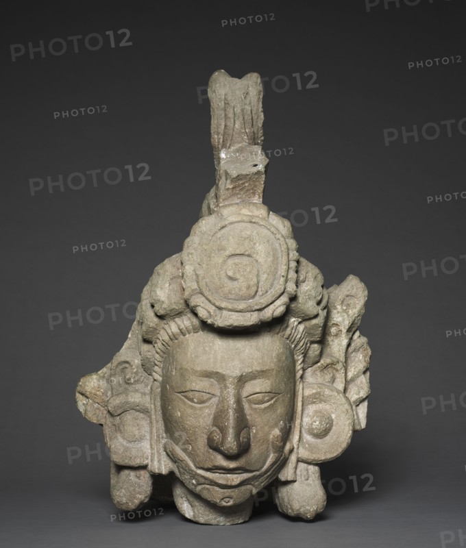 Head of a Young Noble, 746. Honduras, Copán, Structure 10L-22A, Maya style (250-900). Stone; overall: 53.3 x 35.6 x 52.1 cm (21 x 14 x 20 1/2 in.); former: 52.8 x 35.3 cm (20 13/16 x 13 7/8 in.).