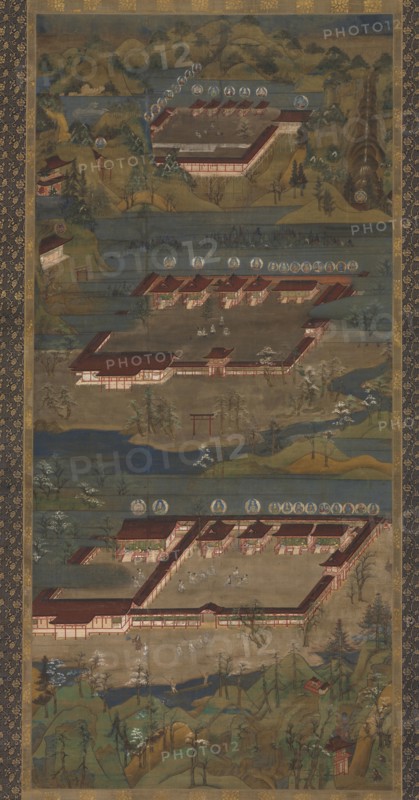 The Three Sacred Shrines at Kumano: Kumano Mandala, c. 1300. Japan, Kamakura period (1185-1333). Hanging scroll; ink and color on silk; image: 134 x 62 cm (52 3/4 x 24 7/16 in.); overall: 217.2 x 80 cm (85 1/2 x 31 1/2 in.).