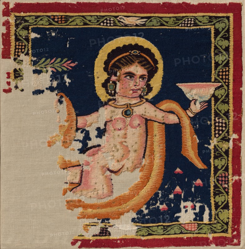 Nereid (Sea-Nymph) from a Hanging, late 300s - 400s. Egypt, Byzantine period, late 4th - 5th century. Slit-and dovetailed-tapestry weave probably woven in a linen plain-weave ground; dyed wool, undyed linen; overall: 66.7 x 64.5 cm (26 1/4 x 25 3/8 in.); mounted: 76.8 x 75.6 x 2.9 cm (30 1/4 x 29 3/4 x 1 1/8 in.).