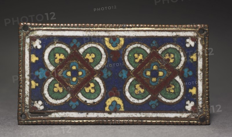 Plaque, probably from a Reliquary Shrine, 1225-1250. Germany, Aachen?, Gothic period, 13th century. Gilded copper; champlevé enamel; overall: 4.3 x 8.9 cm (1 11/16 x 3 1/2 in.)