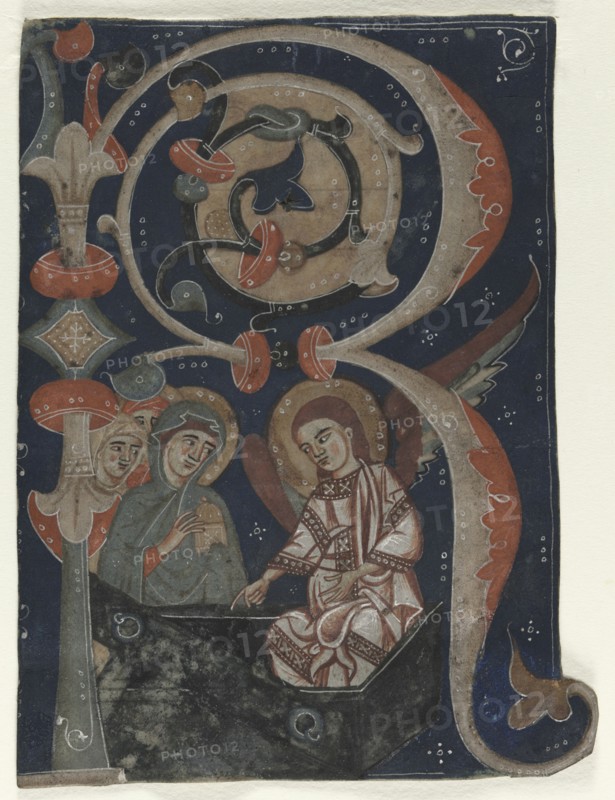 Historiated Initial (R) Excised from a Gradual: The Three Marys at the Tomb, c. 1200-1230. Italy, 13th century. Ink, tempera, and gold on parchment; sheet: 11 x 8 cm (4 5/16 x 3 1/8 in.)