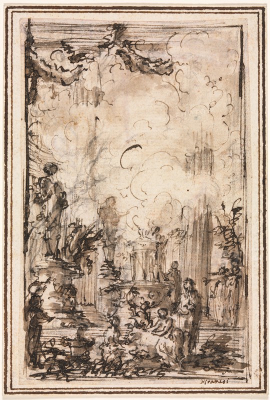 Sacrificial Offering in a Temple, after 1750. Giovanni Battista Piranesi (Italian, 1720-1778). Pen and brown ink and brush and brown and gray wash; framing lines in brown ink; sheet: 14.3 x 9.1 cm (5 5/8 x 3 9/16 in.); secondary support: 15.3 x 10.4 cm (6 x 4 1/8 in.).
