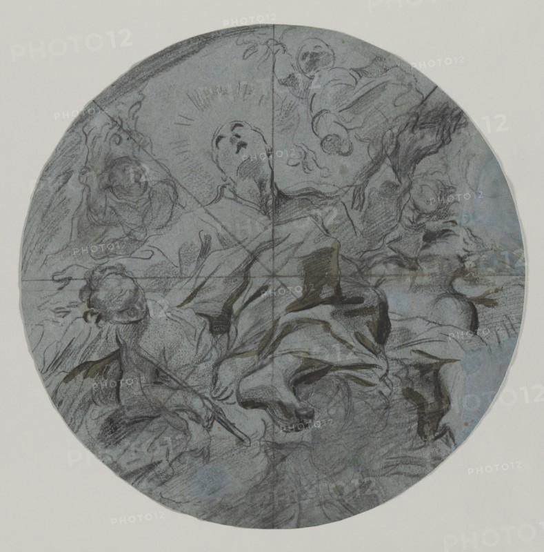 Apotheosis of a Saint (recto), second half 17th century. Giovanni Battista Benaschi (Italian, 1636-1688). Black chalk with brush and brown wash; divided into eighths with ruled black chalk; sheet: 35.3 x 35.3 cm (13 7/8 x 13 7/8 in.).