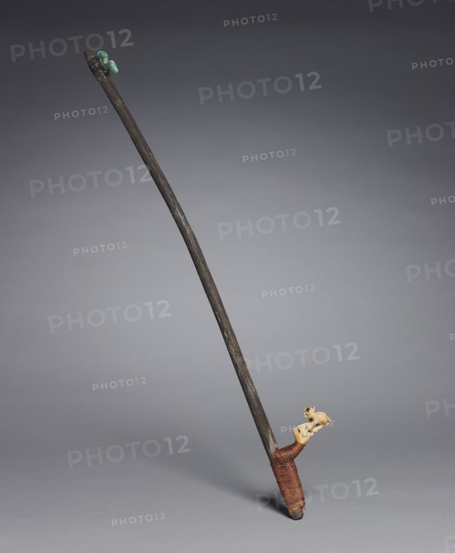 Spear-Thrower, 600-1000. Peru, South Coast?, Middle Horizon?, 6th-10th Century?; modern assembly of ancient parts?. Wood, metal, bone, thread, sinew; overall: 52.8 cm (20 13/16 in.).