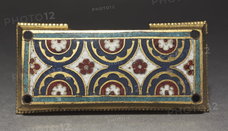 Plaque, probably from a Reliquary Shrine, c. 1180-1190. Germany, Rhine Valley, Cologne, Romanesque period, 12th century. Gilded copper, champlevé and cloisonné enamel; overall: 4.3 x 8.9 cm (1 11/16 x 3 1/2 in.)
