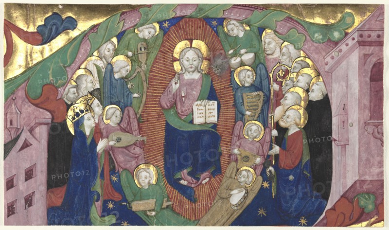 Fragment of a Historiated Initial from a Choir Book: Christ in Majesty, c. 1400. Attributed to Michelino Molinari da Besozzo (Italian, c. 1385-1445). Ink, tempera, and gold on parchment; sheet: 8 x 15 cm (3 1/8 x 5 7/8 in.)