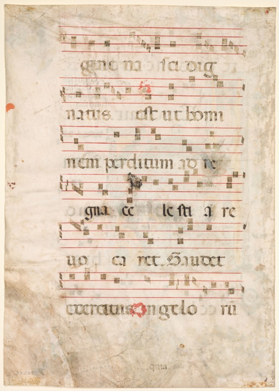 Leaf from an Antiphonary: Music (verso), early 14th Century. Italy, Tuscany, 14th century. Ink, tempera, and gold on parchment; sheet: 53 x 38 cm (20 7/8 x 14 15/16 in.).