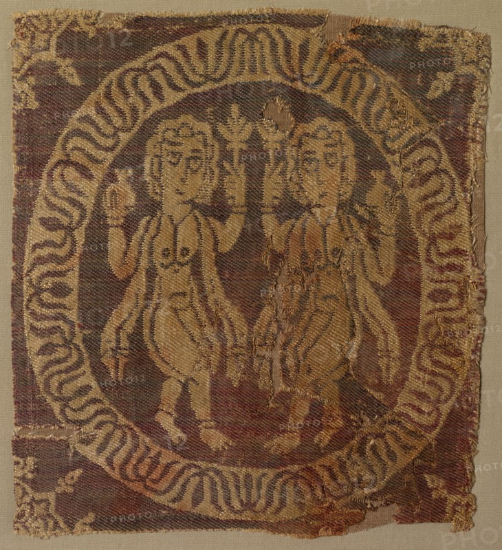 Nude Female Dancers from a Tunic, 700s. Egypt or Syria, Umayyad or Abbasid period, 8th century. Complementary weft-faced plain weave with inner warps (samit); silk; overall: 15.5 x 14 cm (6 1/8 x 5 1/2 in.)