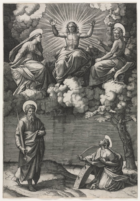 Christ, the Virgin, and St. John the Baptist with Saints Paul and Catherine, c. 1520-1525. Marcantonio Raimondi (Italian, 1470/82-1527/34), after Raphael (Italian, 1483-1520). Engraving