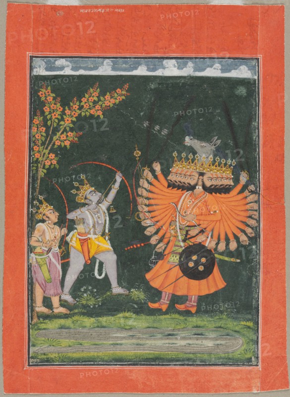 Rama and Laksmana Fighting Ravana, c. 1750. India, Pahari, Bilaspur, 18th century. Color on paper; image: 21.2 x 15.8 cm (8 3/8 x 6 1/4 in.); overall: 26.8 x 19.4 cm (10 9/16 x 7 5/8 in.).