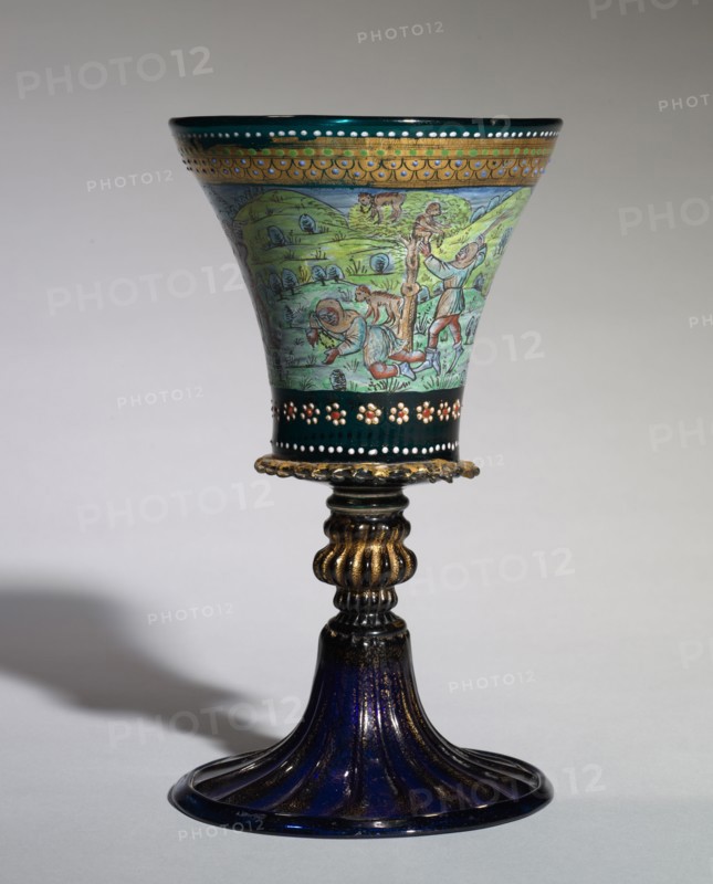 The Peddler Goblet, 1800s. Italy, Venice (Murano), 19th century. Green and blue glass, enameled and gilded; diameter of mouth: 21.5 x 11.4 cm (8 7/16 x 4 1/2 in.); diameter of base: 12 cm (4 3/4 in.).