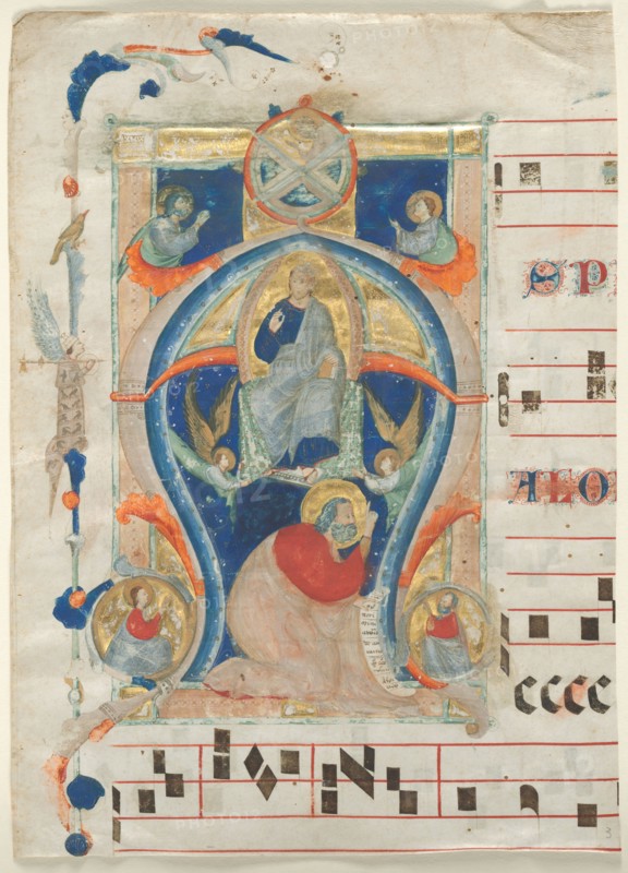 Fragment of an Antiphonary with Historiated Initial (A): Christ in Majesty, 1308. Neri da Rimini (Italian). Ink, tempera, and gold on parchment; sheet: 34 x 24 cm (13 3/8 x 9 7/16 in.)