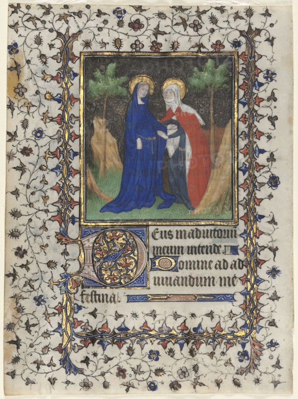 Leaf from a Book of Hours: The Visitation, c. 1415. Workshop of Boucicaut Master (French, Paris, active about 1410-25). Ink, tempera, and gold on vellum; sheet: 17 x 12.7 cm (6 11/16 x 5 in.)