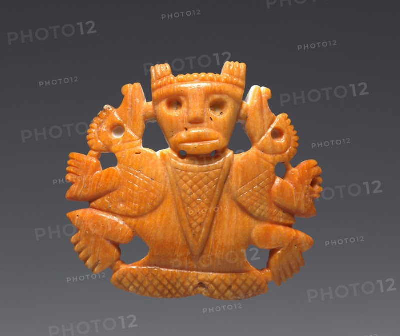 Figure-and-Birds Pendant, c. 300-700. Costa Rica, Atlantic Watershed region, 4th-8th Century. Spondylus (thorny oyster) shell; overall: 6.7 x 7.3 x 1.7 cm (2 5/8 x 2 7/8 x 11/16 in.).