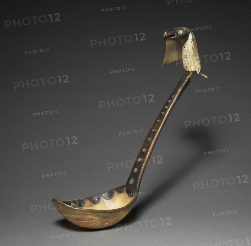 Ladle, late 1800s. Northwest Coast, Tlingit, 19th century. Horn, bone, copper, abalone shell inlay; overall: 13 cm (5 1/8 in.).