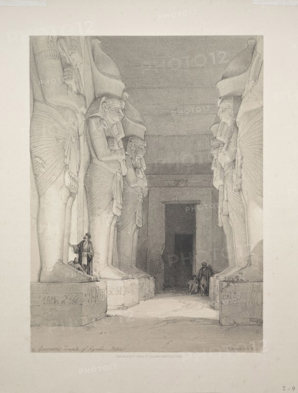 Egypt and Nubia:  Volume I - No. 9, Excavated Temple of Gyrshe, Nubia, 1838. Louis Haghe (British, 1806-1885). Color lithograph