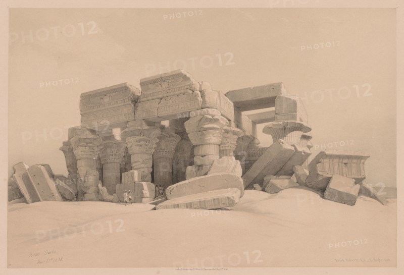 Egypt and Nubia:  Volume I - No. 1, No. 2, Remains of the Portico of the Temple of Kom Ombo, 1838. Louis Haghe (British, 1806-1885). Color lithograph