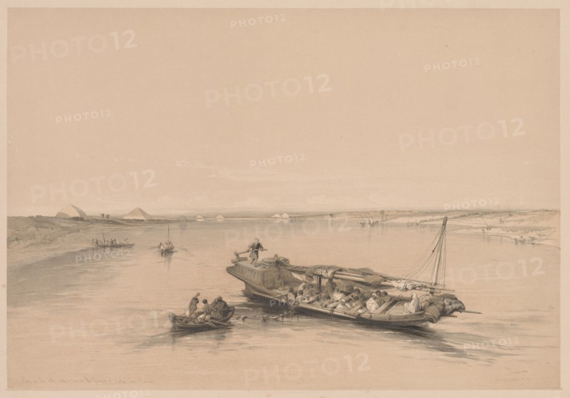Egypt and Nubia:  Volume I - No. 4, Slave Boats on the Nile, View Looking Towards the Pyramids of Dashour and Saccara, 1838. Louis Haghe (British, 1806-1885). Color lithograph
