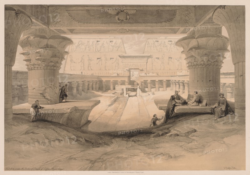 Egypt and Nubia:  Volume I - No. 32, View from under the Portico of the Temple of Edfou, Upper Egypt, 1838. Louis Haghe (British, 1806-1885). Color lithograph