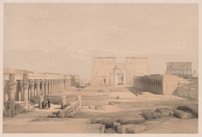 Egypt and Nubia:  Volume I - No. 42, Grand Approach to the Temple of Philae, Nubia, 1838. Louis Haghe (British, 1806-1885). Color lithograph