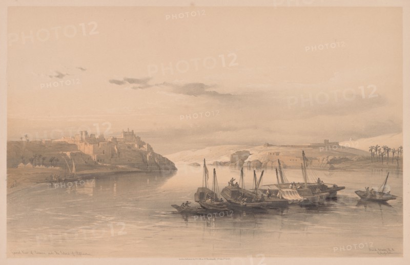 Egypt and Nubia:  Volume II - No. 28, General View of Asouan and the Island of Elephantine, 1838. Louis Haghe (British, 1806-1885). Color lithograph