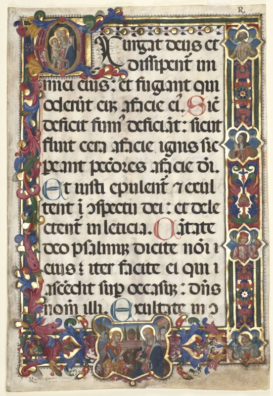 Leaf from a Psalter with Full Border with Medallions (Annunciation, SS. Jerome, Clare, Sebastian and Bernardino) and Historiated Initial (E): Virgin and Child, 1475. Italy, Umbria or Tuscany, 15th century. Ink, tempera, and gold on parchment; sheet: 57 x 39 cm (22 7/16 x 15 3/8 in.).