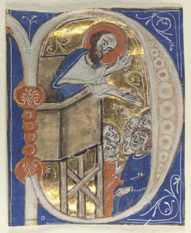 Historiated Initial Excised from a Bible: St. Paul Preaching, 1200s. Italy, 13th century. Tempera and gold on parchment; sheet: 5.2 x 4.2 cm (2 1/16 x 1 5/8 in.)