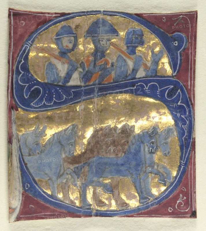 Historiated Initial (S) Excised from a Bible: Soldiers and Horses, 1200s. Italy, 13th century. Tempera and gold on parchment; sheet: 4.7 x 4.2 cm (1 7/8 x 1 5/8 in.)