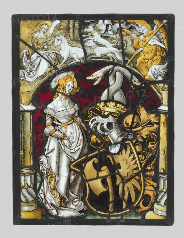 Heraldic Panel with Arms of Lichtenfels and a Unicorn Hunt, c. 1515. Germany or Switzerland, 16th century. White glass with silver stain and pot metal; overall: 39.1 x 28.9 cm (15 3/8 x 11 3/8 in.).