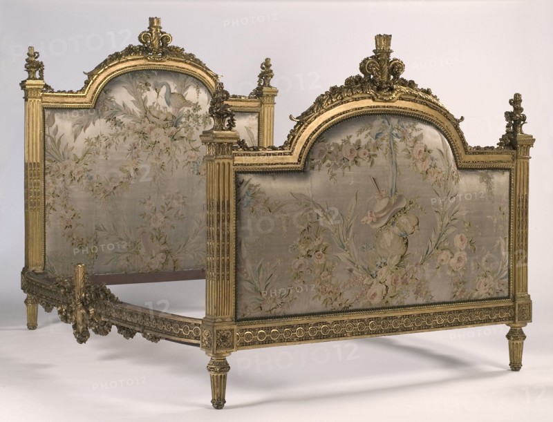 Bed, 1700s. Attributed to Georges Jacob (French, 1739-1814). Gilded wood and embroidered satin; overall: 213.4 cm (84 in.); part 1: 163.2 x 147.3 cm (64 1/4 x 58 in.); part 2: 132.7 x 147.3 cm (52 1/4 x 58 in.).
