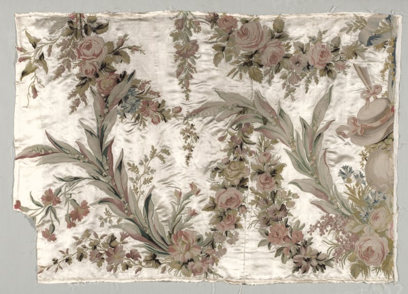 Coverlet Fragment, c. 1760-1770. Philippe de Lasalle (French, 1723-1805). Embroidered satin and silk; overall: 64.5 x 90.5 cm (25 3/8 x 35 5/8 in.)