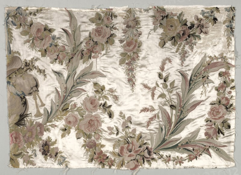 Coverlet Fragment, c. 1760-1770. Philippe de Lasalle (French, 1723-1805). Embroidered satin and silk; overall: 64.1 x 89.9 cm (25 1/4 x 35 3/8 in.).