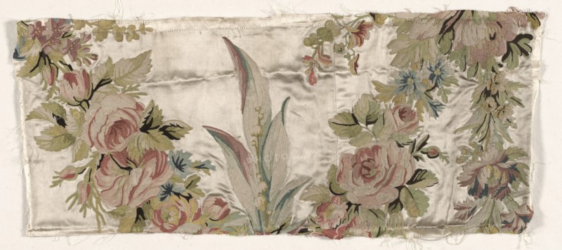 Coverlet Fragment, c. 1760-1770. Philippe de Lasalle (French, 1723-1805). Embroidered satin and silk; overall: 21.6 x 50.8 cm (8 1/2 x 20 in.).