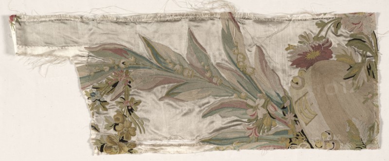 Coverlet Fragment, c. 1760-1770. Philippe de Lasalle (French, 1723-1805). Embroidered satin and silk; overall: 20 x 54.6 cm (7 7/8 x 21 1/2 in.)