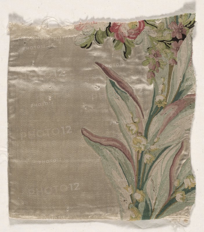 Coverlet Fragment, c. 1760-1770. Philippe de Lasalle (French, 1723-1805). Embroidered satin and silk; overall: 20.3 x 19.7 cm (8 x 7 3/4 in.)