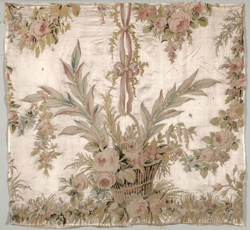 Coverlet and Fragments, c. 1760-1770. Philippe de Lasalle (French, 1723-1805). Embroidered satin and silk; overall: 305.3 x 201.3 cm (120 3/16 x 79 1/4 in.); average: 75 x 82 cm (29 1/2 x 32 5/16 in.)