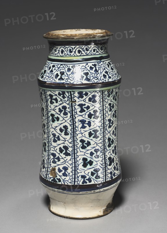 Albarello, c. 1450. Italy, Tuscany, 15th century. Tin-glazed earthenware (maiolica); overall: 34.3 x 15.9 cm (13 1/2 x 6 1/4 in.).