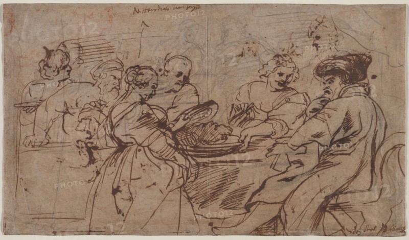 The Feast of Herod (recto) Tomyris with the Head of Cyrus (verso), c. 1637-1638. Peter Paul Rubens (Flemish, 1577-1640). Pen and brown ink, with black and red chalk, touched with white gouache; sheet: 27.2 x 47.2 cm (10 11/16 x 18 9/16 in.); secondary support: 27.6 x 47.3 cm (10 7/8 x 18 5/8 in.).