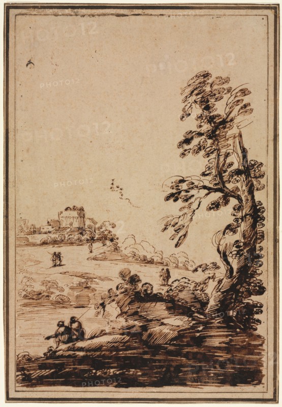Landscape with Small Group of Buildings, second half 1700s. Imitator of Guercino (Italian, 1591-1666). Pen and brown ink; sheet: 30 x 20.1 cm (11 13/16 x 7 15/16 in.); secondary support: 32 x 21.9 cm (12 5/8 x 8 5/8 in.).