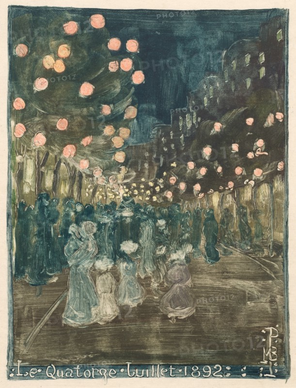 Bastille Day, 1892. Maurice Prendergast (American, 1858-1924). Monotype in oil colors; sheet: 30.5 x 24.8 cm (12 x 9 3/4 in.); image: 17.4 x 13.1 cm (6 7/8 x 5 3/16 in.); platemark: 25.5 x 20 cm (10 1/16 x 7 7/8 in.)
