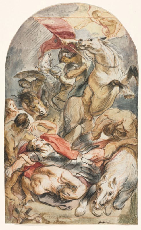 The Conversion of Saul with Horseman and Banner, c. 1645-1647. Jacob Jordaens (Flemish, 1593-1678). Black and red chalk, pen and black and gray ink, brush and brown wash, watercolor, and gouache, heightened with white gouache, framing lines in red chalk and graphite (right edge); sheet: 32.9 x 19.9 cm (12 15/16 x 7 13/16 in.).