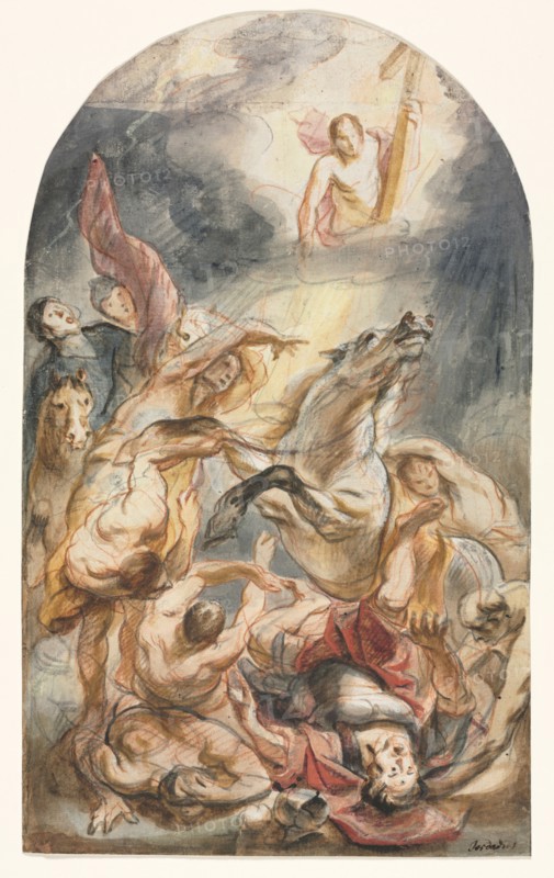 The Conversion of Saul with Christ and the Cross, c. 1645-1647. Jacob Jordaens (Flemish, 1593-1678). Brush and brown wash, gouache and watercolor over black and red chalk, heightened with traces of white; framing lines in graphite; sheet: 33 x 19.9 cm (13 x 7 13/16 in.).