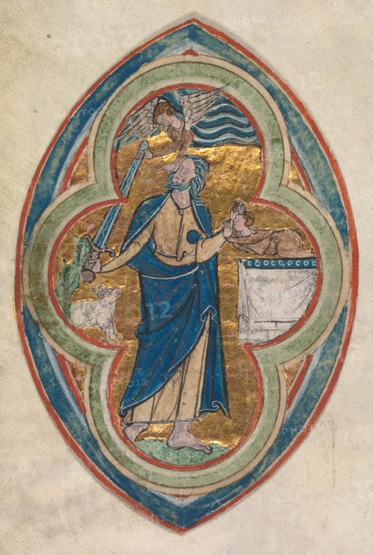 Miniature Excised from a Compendium in historiae genealogia Christi by Peter Poitiers: The Sacrifice of Isaac, 1200-1250. Workshop of William de Brailes (English, active c. 1230). Ink, tempera, and gold on vellum; sheet: 14 x 9.2 cm (5 1/2 x 3 5/8 in.).