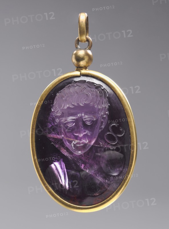Intaglio with Male Portrait Bust, 500s. Byzantium, 6th century. Amethyst with gold mount; overall: 4.3 x 2.5 cm (1 11/16 x 1 in.)