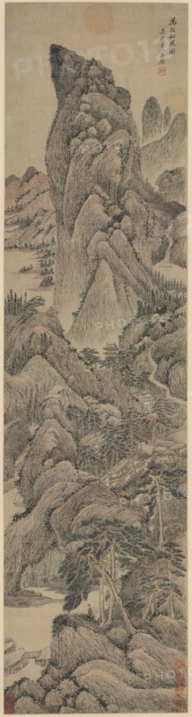 Pine Wind from Myriad Villages, 1644-1912. Wu Li (Chinese, 1632-1718). Hanging scroll, ink and light color on paper; image: 109.5 x 25.9 cm (43 1/8 x 10 3/16 in.); overall: 207 x 44.9 cm (81 1/2 x 17 11/16 in.).