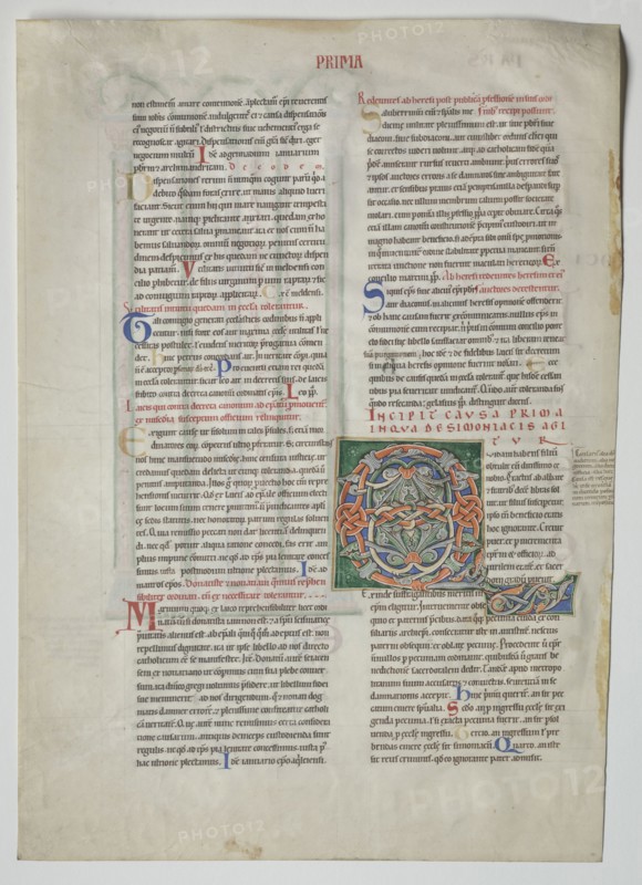 Single Leaf from a Decretum by Gratian: Decorated Initial Q[uidam habens filium obtulit], c. 1160-1165. France, Burgundy, Archdiocese of Sens, Abbey of Pontigny, 12th century. Ink and tempera on vellum; sheet: 44.8 x 32 cm (17 5/8 x 12 5/8 in.); framed: 63.5 x 48.3 cm (25 x 19 in.); matted: 55.9 x 40.6 cm (22 x 16 in.).
