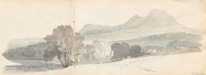 Sketchbook: Eildon Hills, 1814. Samuel Prout (British, 1783-1852). Graphite with gray and brown wash on two pages; each page: 13.5 x 23.4 cm (5 5/16 x 9 3/16 in.).
