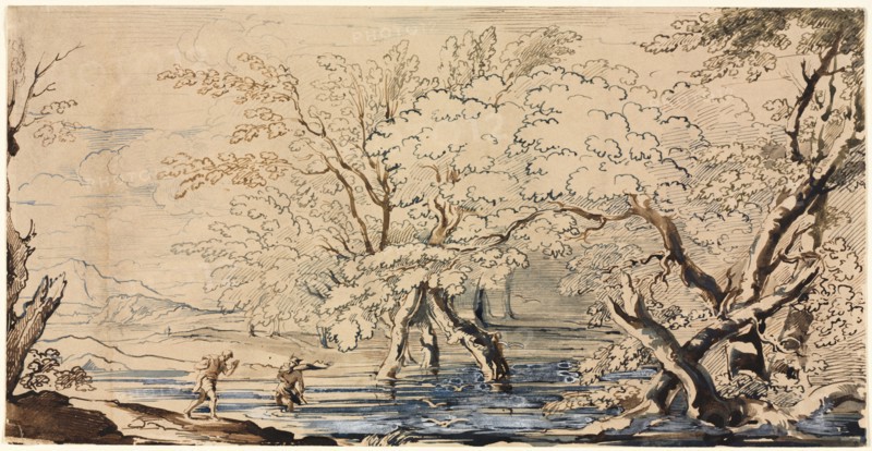 Mercury and Argos. Joseph Brett (British, 1816-1848). Pen and brown and blue ink with ink washes;