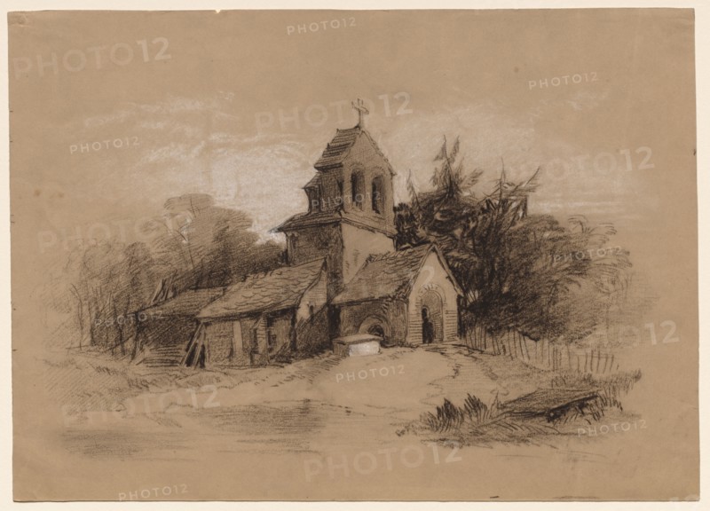 Church in a Landscape, 1800s. Henry Bright (British, 1810-1873). Charcoal and white chalk;