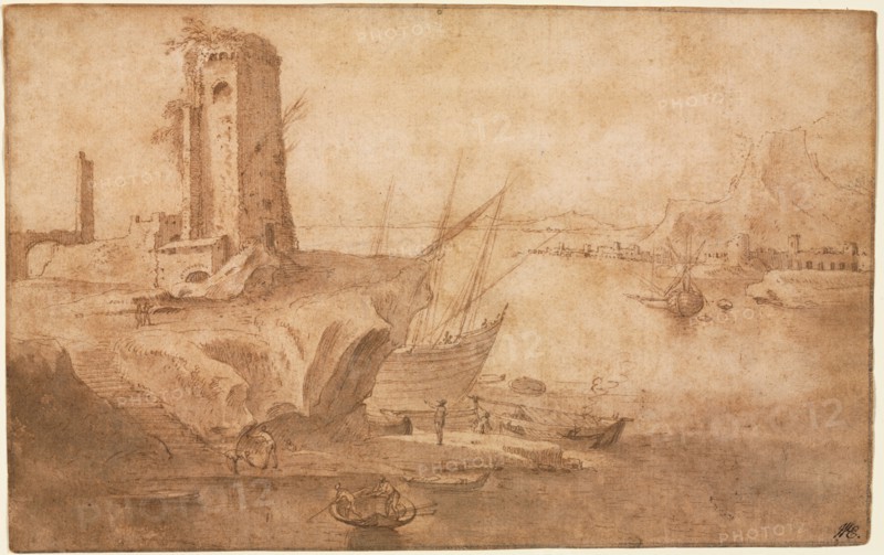 Landscape with Tower at Seashore, 1600-1614(?). Filippo Napoletano (Italian, c. 1587-c. 1629). Pen and brown ink and brush and brown and gray wash over traces of graphite; framing lines in graphite; sheet: 19 x 30.2 cm (7 1/2 x 11 7/8 in.).